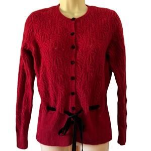 Sarah Spencer M Red Knit Cardigan Sweater with Black Velvet Ribbon and Buttons